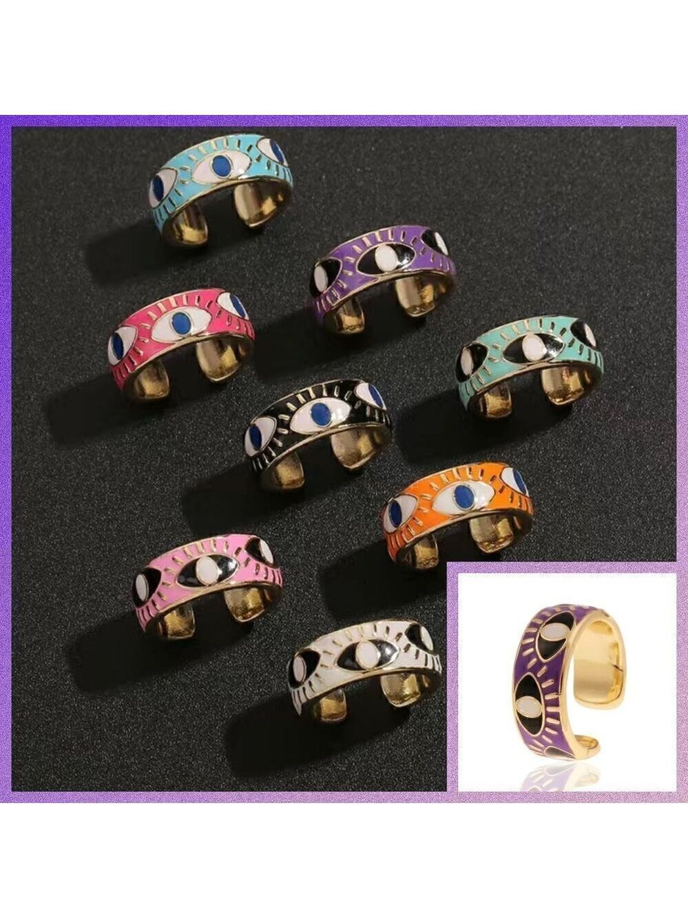 Evil Eye Enamel and Copper Adjustable Ring #1209 PURPLE